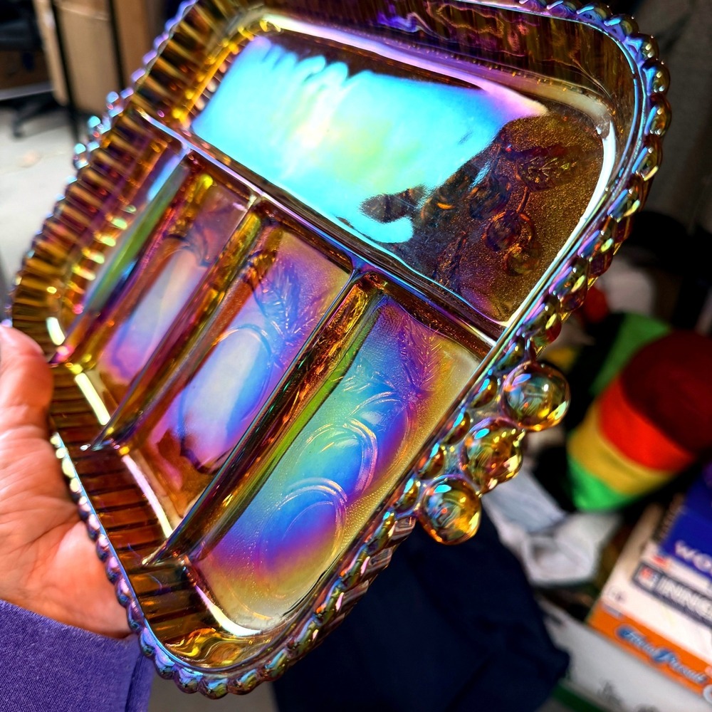 Vintage Carnival Indiana Glass 1202 Iridescent Gold Relish Serving Tray Harvest